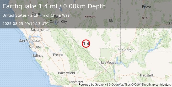 Earthquake 16 km S of Goldfield, Nevada (1.4 ml) (2025-08-25 09:19:13 UTC)