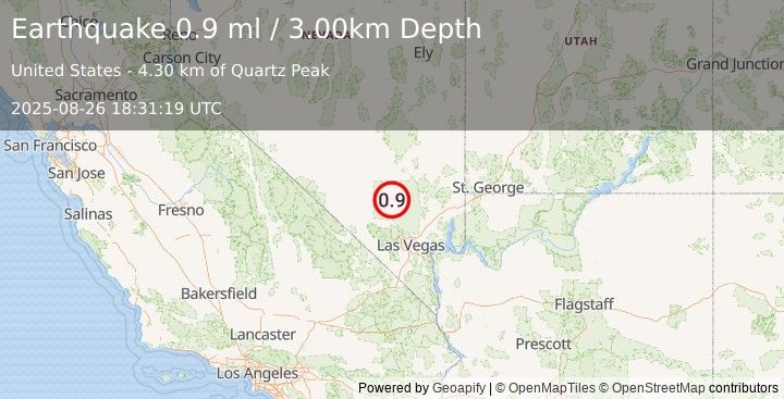 Earthquake 39 km NNE of Indian Springs, Nevada (0.9 ml) (2025-08-26 18:31:19 UTC)