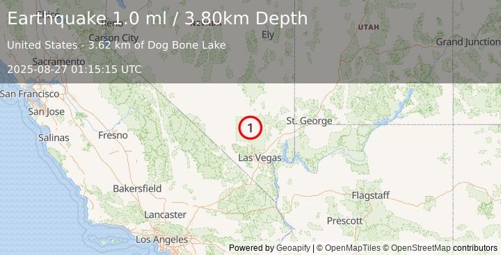 Earthquake 44 km NNE of Indian Springs, Nevada (1.0 ml) (2025-08-27 01:15:15 UTC)