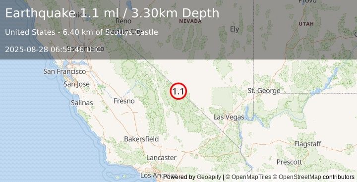 Earthquake 58 km WNW of Beatty, Nevada (1.1 ml) (2025-08-28 06:59:46 UTC)