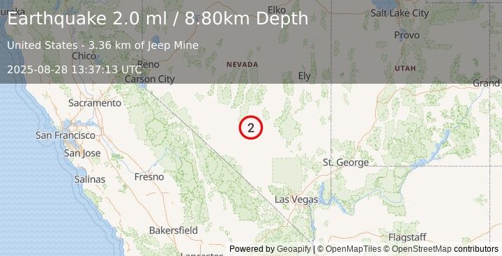 Earthquake 59 km ESE of Tonopah, Nevada (2.0 ml) (2025-08-28 13:37:13 UTC)