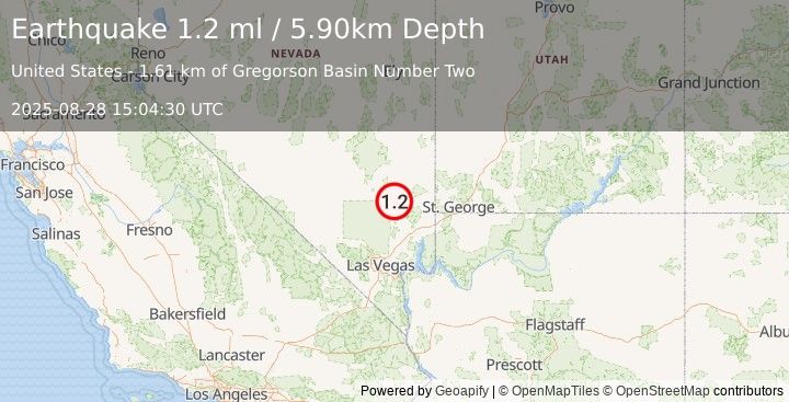 Earthquake 32 km SE of Alamo, Nevada (1.2 ml) (2025-08-28 15:04:30 UTC)