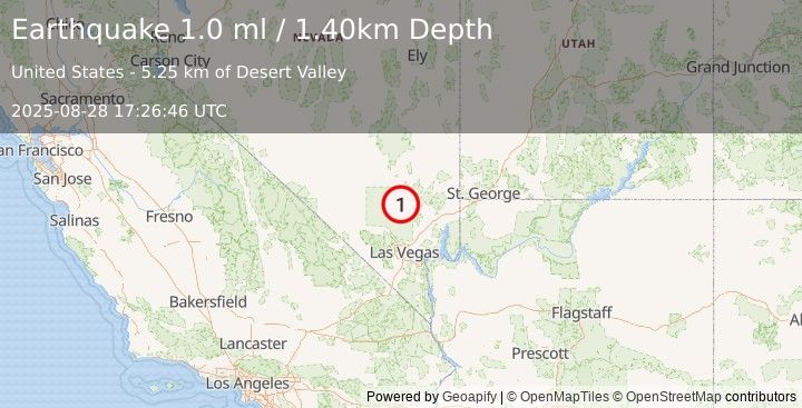 Earthquake 48 km S of Alamo, Nevada (1.0 ml) (2025-08-28 17:26:46 UTC)