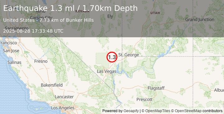 Earthquake 35 km NNW of Moapa Town, Nevada (1.3 ml) (2025-08-28 17:33:48 UTC)