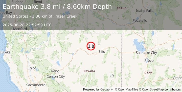 Earthquake 57 km NE of Valmy, Nevada (3.8 ml) (2025-08-28 22:52:59 UTC)