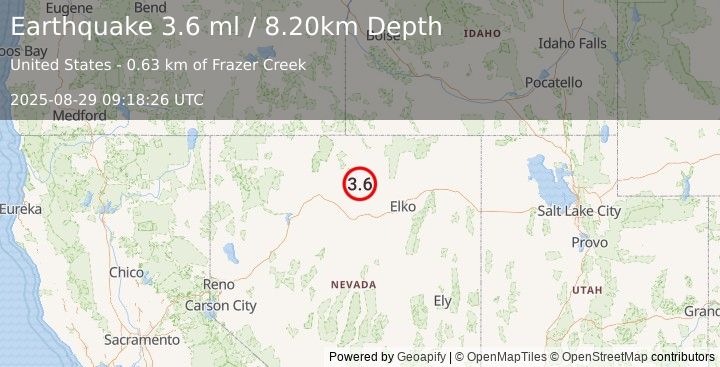 Earthquake 58 km NE of Valmy, Nevada (3.6 ml) (2025-08-29 09:18:26 UTC)