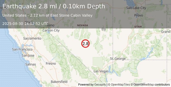 Earthquake 59 km ENE of Tonopah, Nevada (2.8 ml) (2025-08-30 14:02:52 UTC)