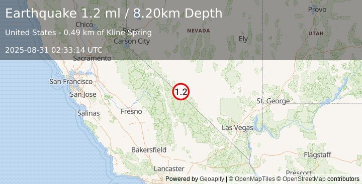 Earthquake 38 km S of Silver Peak, Nevada (1.2 ml) (2025-08-31 02:33:14 UTC)
