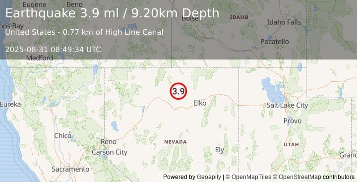 Earthquake 59 km NE of Valmy, Nevada (3.9 ml) (2025-08-31 08:49:34 UTC)