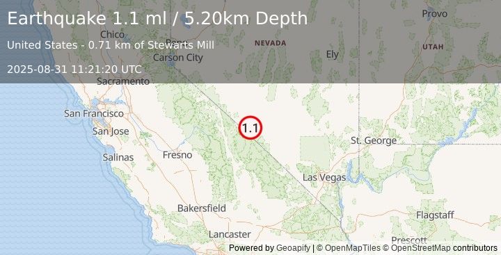 Earthquake 38 km SSW of Goldfield, Nevada (1.1 ml) (2025-08-31 11:21:20 UTC)
