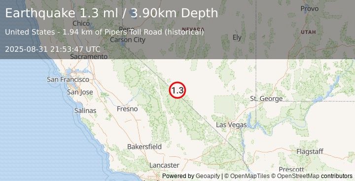 Earthquake 42 km S of Silver Peak, Nevada (1.3 ml) (2025-08-31 21:53:47 UTC)
