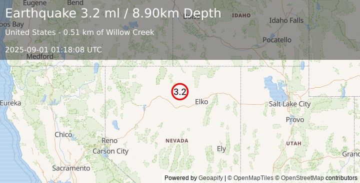 Earthquake 54 km NE of Valmy, Nevada (3.2 ml) (2025-09-01 01:18:08 UTC)