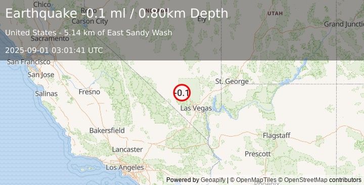 Earthquake 17 km NNW of Indian Springs, Nevada (-0.1 ml) (2025-09-01 03:01:41 UTC)