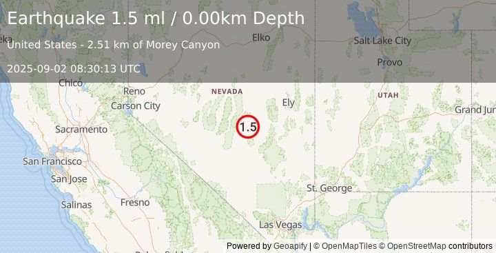 Earthquake 98 km S of Eureka, Nevada (1.5 ml) (2025-09-02 08:30:13 UTC)
