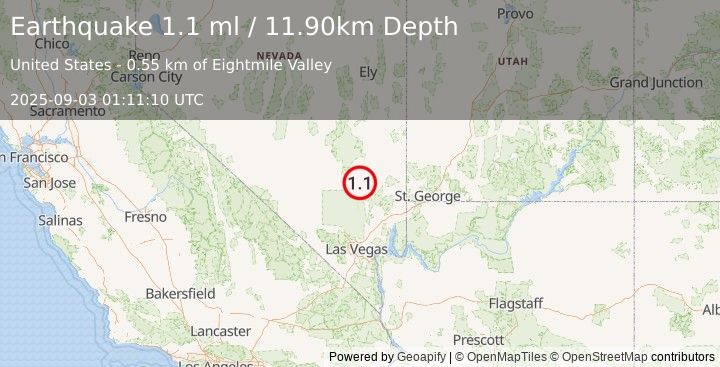Earthquake 9 km ESE of Alamo, Nevada (1.1 ml) (2025-09-03 01:11:10 UTC)