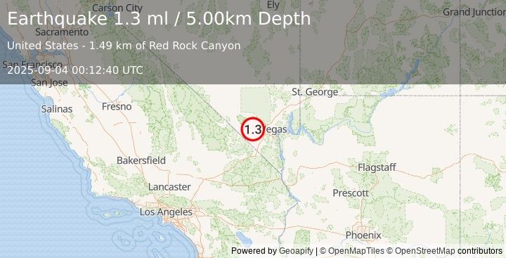 Earthquake 15 km SE of Mount Charleston, Nevada (1.3 ml) (2025-09-04 00:12:40 UTC)