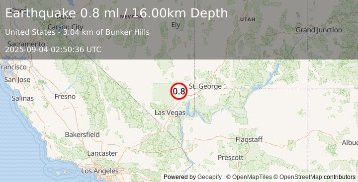 Earthquake 30 km NNW of Moapa Town, Nevada (0.8 ml) (2025-09-04 02:50:36 UTC)