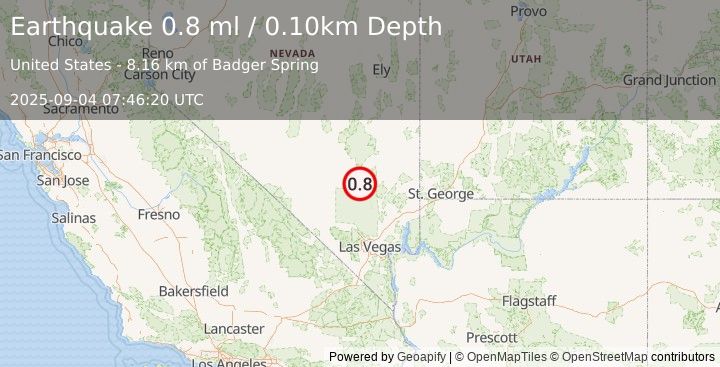 Earthquake 20 km WSW of Alamo, Nevada (0.8 ml) (2025-09-04 07:46:20 UTC)