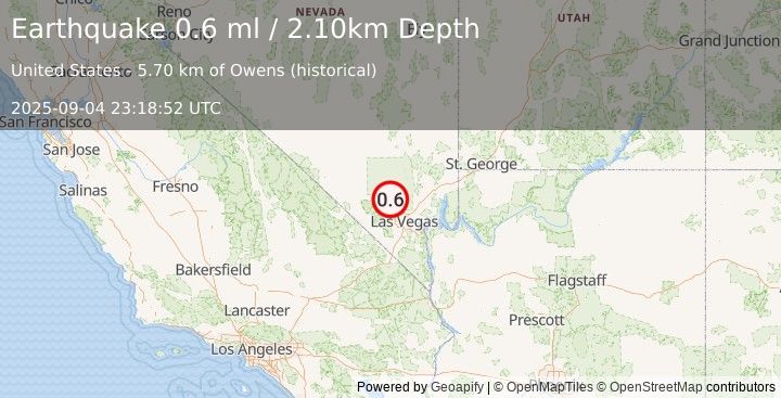 Earthquake 22 km ESE of Indian Springs, Nevada (0.6 ml) (2025-09-04 23:18:52 UTC)