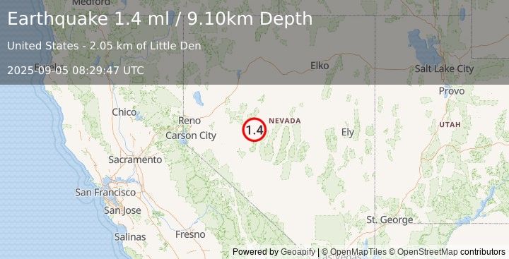 Earthquake 49 km NNE of Gabbs, Nevada (1.4 ml) (2025-09-05 08:29:47 UTC)