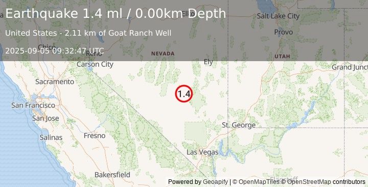 Earthquake 60 km NNW of Rachel, Nevada (1.4 ml) (2025-09-05 09:32:47 UTC)