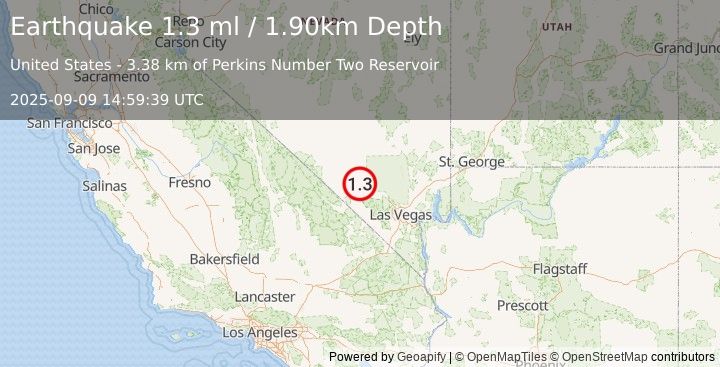 Earthquake 36 km WNW of Indian Springs, Nevada (1.3 ml) (2025-09-09 14:59:39 UTC)