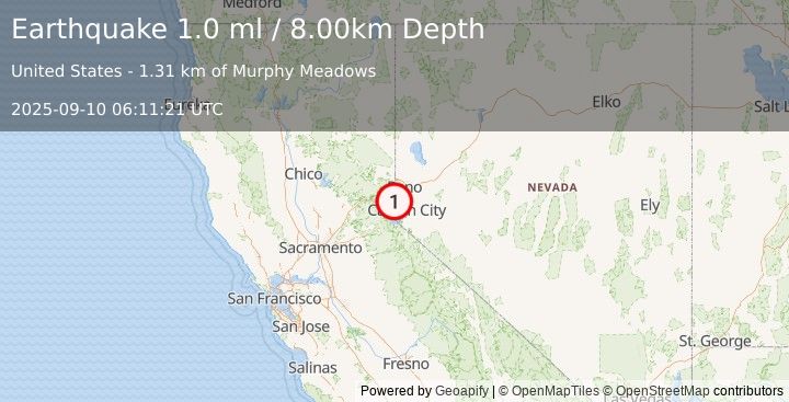 Earthquake 6 km NNW of Incline Village, Nevada (1.0 ml) (2025-09-10 06:11:21 UTC)