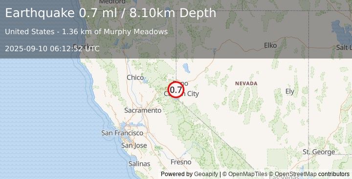 Earthquake 6 km NNW of Incline Village, Nevada (0.7 ml) (2025-09-10 06:12:52 UTC)