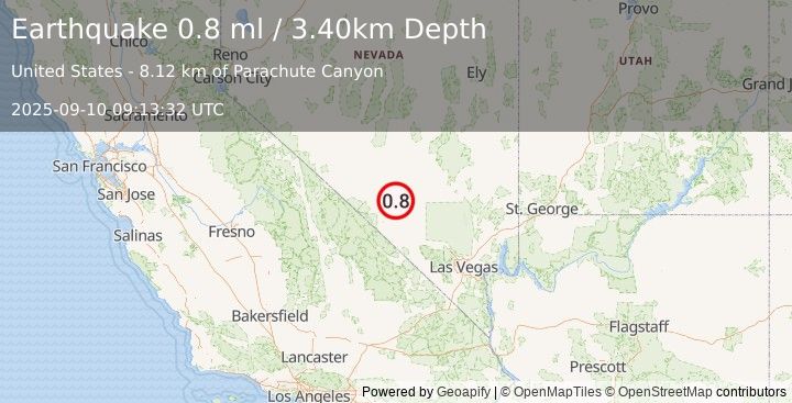 Earthquake 40 km NE of Beatty, Nevada (0.8 ml) (2025-09-10 09:13:32 UTC)