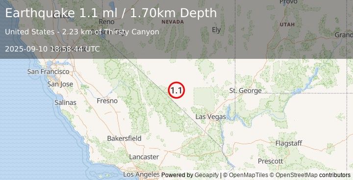 Earthquake 24 km NNE of Beatty, Nevada (1.1 ml) (2025-09-10 18:58:44 UTC)