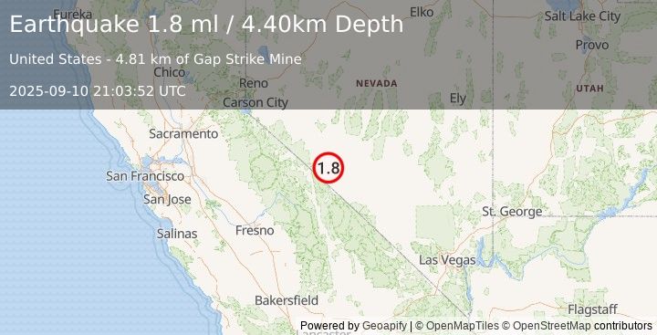 Earthquake 30 km N of Dyer, Nevada (1.8 ml) (2025-09-10 21:03:52 UTC)