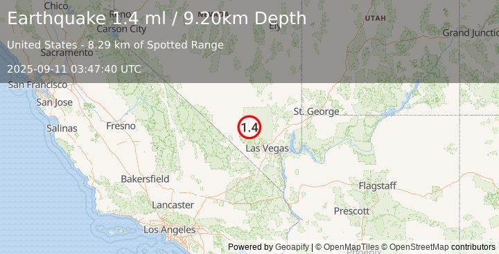 Earthquake 14 km NNW of Indian Springs, Nevada (1.4 ml) (2025-09-11 03:47:40 UTC)