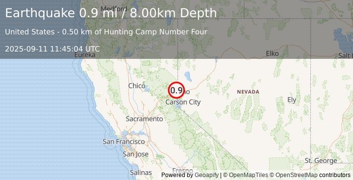 Earthquake 6 km NW of Verdi, California (0.9 ml) (2025-09-11 11:45:04 UTC)