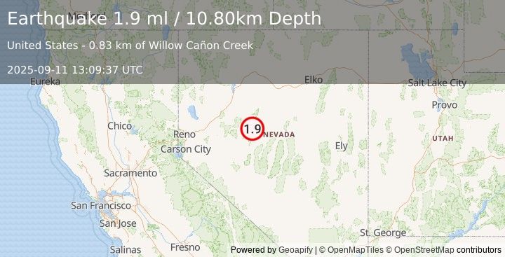 Earthquake 55 km WNW of Austin, Nevada (1.9 ml) (2025-09-11 13:09:37 UTC)