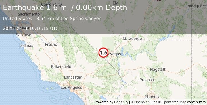 Earthquake 13 km W of Mount Charleston, Nevada (1.6 ml) (2025-09-11 19:16:15 UTC)