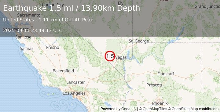 Earthquake 3 km SSW of Mount Charleston, Nevada (1.5 ml) (2025-09-11 23:49:13 UTC)