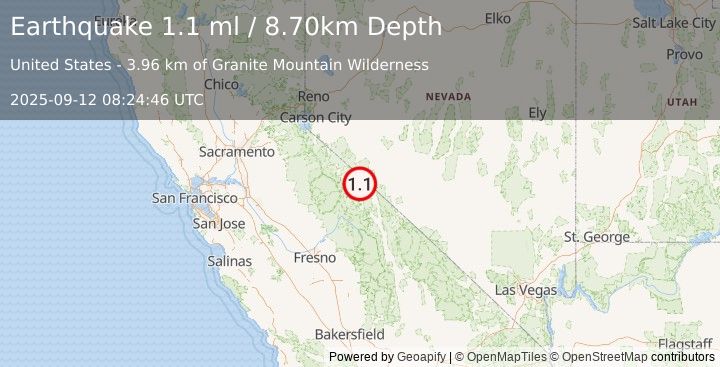 Earthquake 30 km ENE of Lee Vining, California (1.1 ml) (2025-09-12 08:24:46 UTC)