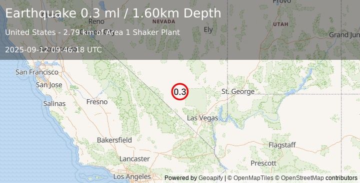 Earthquake 59 km ENE of Beatty, Nevada (0.3 ml) (2025-09-12 09:46:18 UTC)
