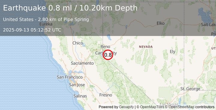 Earthquake 9 km E of Johnson Lane, Nevada (0.8 ml) (2025-09-13 05:12:52 UTC)