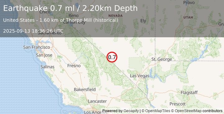 Earthquake 45 km NW of Beatty, Nevada (0.7 ml) (2025-09-13 18:36:26 UTC)