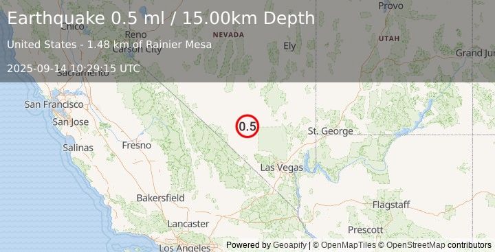 Earthquake 58 km NE of Beatty, Nevada (0.5 ml) (2025-09-14 10:29:15 UTC)