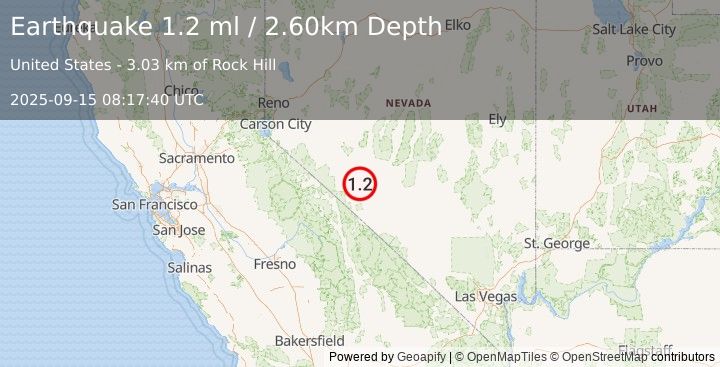 Earthquake 33 km SSE of Mina, Nevada (1.2 ml) (2025-09-15 08:17:40 UTC)