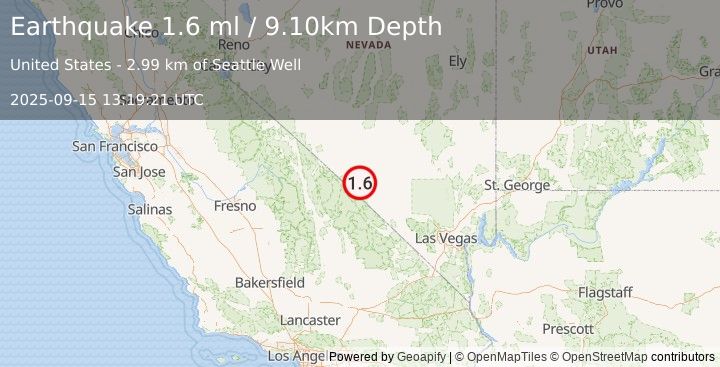 Earthquake 34 km NW of Beatty, Nevada (1.6 ml) (2025-09-15 13:19:21 UTC)