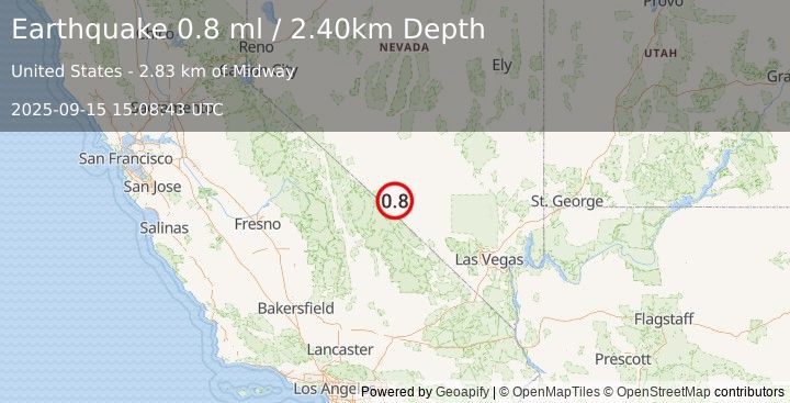 Earthquake 31 km NW of Beatty, Nevada (0.8 ml) (2025-09-15 15:08:43 UTC)