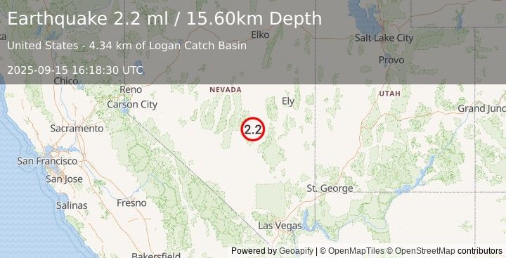 Earthquake 87 km WSW of Preston, Nevada (2.2 ml) (2025-09-15 16:18:28 UTC)