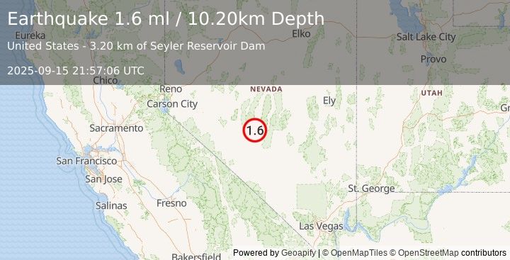 Earthquake 51 km N of Tonopah, Nevada (1.6 ml) (2025-09-15 21:57:06 UTC)
