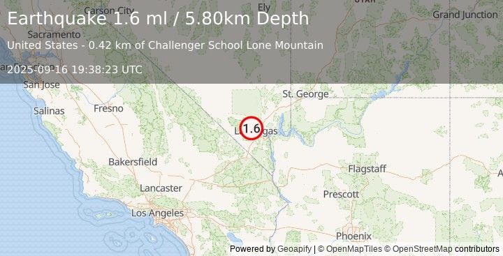 Earthquake 13 km NNE of Summerlin South, Nevada (1.6 ml) (2025-09-16 19:38:23 UTC)