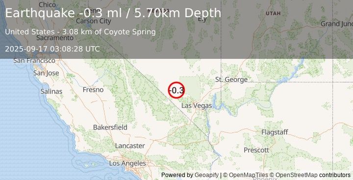 Earthquake 37 km WNW of Indian Springs, Nevada (-0.3 ml) (2025-09-17 03:08:28 UTC)