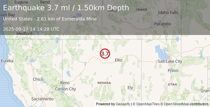 Earthquake 53 km NNE of Valmy, Nevada (3.7 ml) (2025-09-17 14:14:28 UTC)