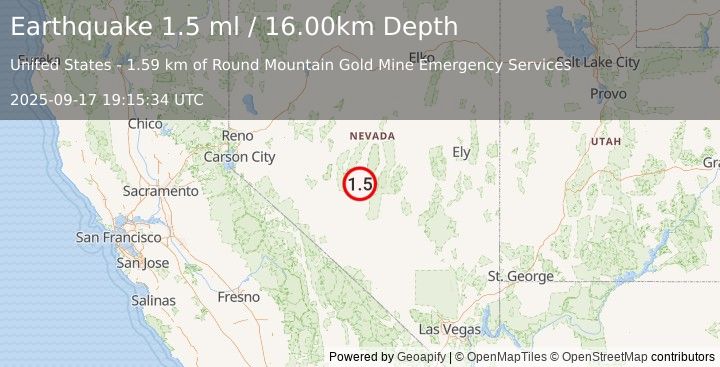 Earthquake 56 km S of Kingston, Nevada (1.5 ml) (2025-09-17 19:15:34 UTC)